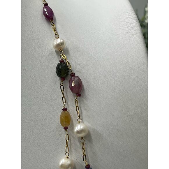 V Quartz Topaz Sapphire Citrine Freshwater Pearl Gold Vermeil Layer Necklace - Picture 3 of 15